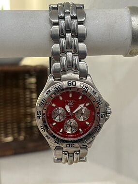 Fossil Silver-Tone Bracelet Watch with Red Dial
